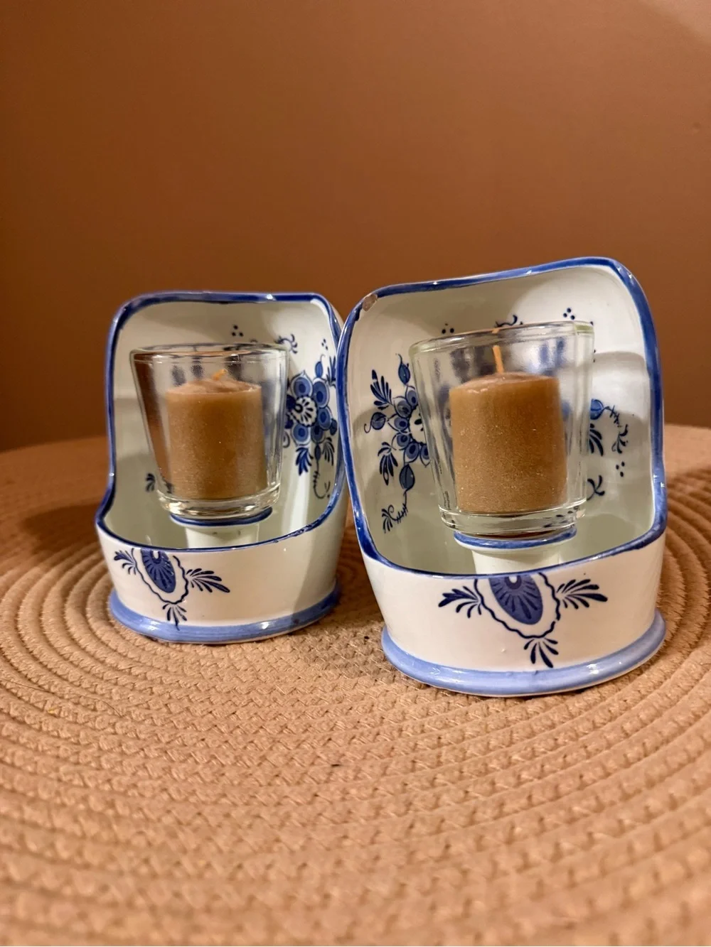 Blue & White Ceramic Votive Candle Holders with Floral Motif - Pair